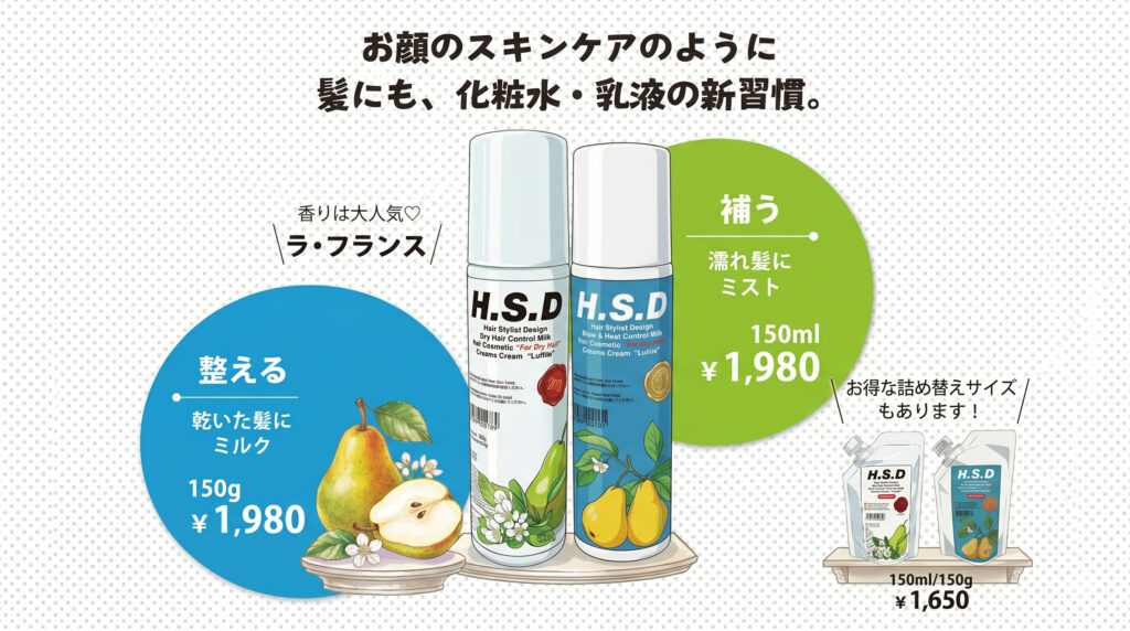髪にも、化粧水と乳液を。｜H.S.D ヘアミスト＆ミルク